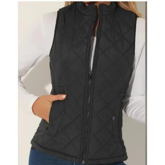 Allegra K Women's sz Large Stand Collar Lightweight Quilted Zipper Vest Black - Picture 1 of 8